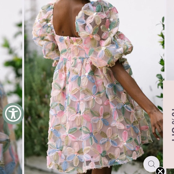 Storia Stacy Sequin Floral Multi Puffed Sleeve Sparkle Babydoll Mini Dress L - Picture 5 of 11